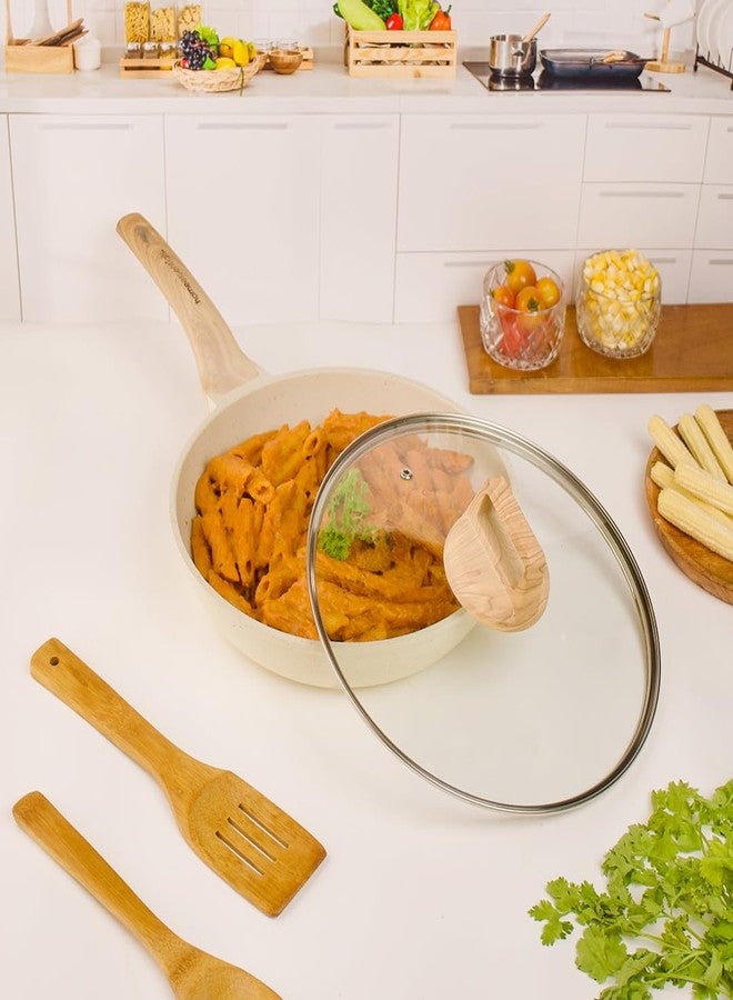 هوم إسنشالز مقلاة هوم إسينشالز غير لاصقة من حجر المايفان مع غطاء - مقلاة بيض | قاعدة مناسبة للمواقد الحثية | أواني طهي غير لاصقة من 5 طبقات | حجر طبي | آمنة للغسل في غسالة الأطباق (24 سم، 2 لتر، مقلاة من حجر المايفان) - Image 1